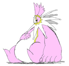 anthro beady_eyes belly frill_(anatomy) hand_on_belly long_ears overweight pink_body simple_background sitting solo white_background kym3110 bandai_namco digimon cherubimon cherubimon_(good) digimon_(species) hi_res