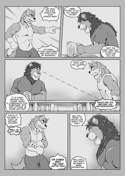 5_panel_comic angry anthro bared_teeth beer_mug biped countertop dialogue ear_piercing ear_ring looking_at_another male male_anthro piercing profanity ring_piercing sleeveless_shirt tail teeth text tuft yelling yelling_at_another vju79 gervic_(vju79) karmakat canid canine canis felid lion mammal pantherine wolf comic english_text hi_res monochrome