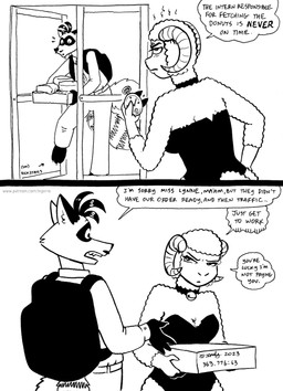 2_tails angry anthro backpack breasts cleavage clothed clothed_anthro clothed_female clothed_male clothing dialogue duo facial_hair female fingers fur hair hooved_fingers hooves horn male male/female markings multi_tail mustache open_mouth ring_(marking) ringed_tail striped_markings striped_tail stripes tail tail_markings text wool_(fur) tegerio lana_lynne rick2tails bovid caprine mammal procyonid raccoon sheep 2023 black_and_white comic english_text hi_res monochrome