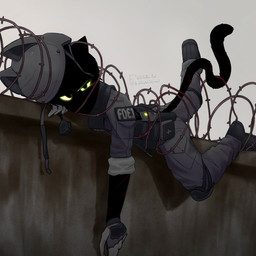 barbed_wire black_body black_hair boots cat_ear_helmet clothing electronics footwear frustrated gloves glowing glowing_eyes hair handwear looking_at_viewer male military on_wall radio rolled_up_sleeves shoes solo stuck tail walkie-talkie wall_(structure) yellow_eyes dullanboi ming_yue_chen_(dullanboi) felid feline humanoid mammal 1:1 hi_res