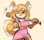 anthro bangs baseball_bat bat_(object) blonde_hair chest_tuft clothing curled_tail dot_eyes eyebrow_through_hair eyebrows eyelashes female fluffy fluffy_hair fluffy_tail front_view fur gesture hair hand_gesture holding_object holding_weapon looking_at_viewer multicolored_body multicolored_fur one_eye_closed open_mouth pink_clothing pink_topwear pointing pointing_at_viewer short_hair simple_background solo star tail tan_background topwear translucent translucent_hair tuft two_tone_body two_tone_fur weapon weapon_on_shoulder white_body white_eyebrows white_fur wink winking_at_viewer yellow_body yellow_fur peargor butterscotch_(peargor) canid canine canis domestic_dog mammal shiba_inu spitz absurd_res cel_shading half-length_portrait hi_res portrait shaded