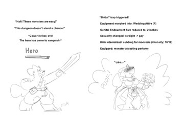 anthro bag belt bottomwear clothing dialogue dress genitals magic male melee_weapon pants penis questionable_consent solo sword text transformation weapon wedding_clothing wedding_dress memberofdragon unknown_species english_text hi_res monochrome