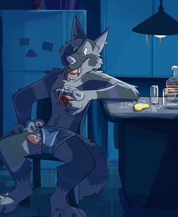 3_toes 4_fingers alcohol anthro appliance barefoot beverage biped bottle briefs chair claws clothed clothing container cup drunk ear_piercing erection feet fingers food fridge fruit fur furniture genitals glass grey_body grey_fur grey_tail holding_object kitchen kitchen_appliance lamp leaning lemon looking_at_viewer male multicolored_body multicolored_fur multicolored_tail open_mouth penis penis_poking_out piercing plant purple_body purple_fur purple_nose purple_tail sitting smile solo substance_intoxication tail teeth toe_claws toes tongue tongue_out topless underwear paintfox dl_wolf_(dl2288) canid canine canis mammal wolf 2018 absurd_res hi_res