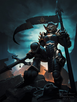 anthro armor breasts claws digitigrade female flag flag_(object) fur green_eyes grey_body grey_fur holding_flag holding_melee_weapon holding_object holding_sword holding_weapon looking_at_viewer low-angle_view melee_weapon outside smile solo standing sword weapon shadoca blizzard_entertainment warcraft canid mammal werecanid werecreature worgen hi_res