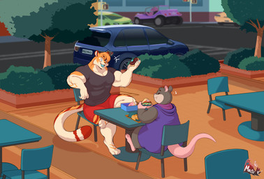 anthro barefoot black_clothing black_shirt black_topwear blue_tongue bottomwear brown_body brown_fur car chair clothing detailed_background duo eating eating_food feet food fur furniture holding_donut male muscular muscular_male open_mouth outside purple_clothing shirt shorts sitting smile table tail tongue topwear vehicle meganemausu ns22_highwater reece_(meganemausu) felid mammal murid murine pantherine rat rodent tiger 2024 digital_media_(artwork) hi_res