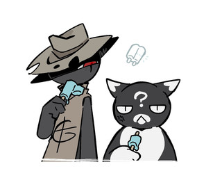 angry anthro biped black_body black_fur blue_popsicle clothed clothing cowboy duo food fur humor male monotone_body monotone_fur multicolored_body multicolored_fur nude popsicle question_mark red_eyes simple_background toony two_tone_body two_tone_fur white_background white_body white_fur carbontrioxide mewgenics gambit_(mewgenics) zodiac_(mewgenics) domestic_cat felid feline felis mammal 2026 digital_media_(artwork)