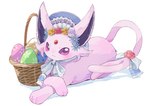 ambiguous_gender basket bow_ribbon container easter_egg egg feral forehead_gem fur gem holidays looking_at_viewer paws purple_body purple_eyes purple_fur simple_background solo tail chaco_(illustrattyako) easter nintendo pokemon eeveelution espeon generation_2_pokemon pokemon_(species) 2025 absurd_res hi_res