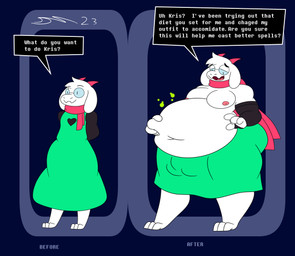 black_clothing black_gloves black_handwear black_sleeves clothing eyewear glasses gloves green_clothing green_robe handwear male overweight overweight_male pink_scarf robe scarf stuffing text toga weight_gain dirtymac deltarune undertale_(series) ralsei bovid caprine darkner goat mammal absurd_res english_text hi_res