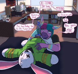 animal_dildo animal_sex_toy anthro band_(marking) barricade_tape bed bedroom blue_body blue_fur bottomless caution_tape clothed clothed_sex clothing computer dialogue dildo duo electronics equine_dildo female fur furniture hair imminent_sex markings partially_clothed penis_against_cheek pink_body pink_fur plushie plushophilia profanity purple_hair sex sex_toy split_hair stitch_(sewing) strapon strapon_on_plushie teal_hair text trash white_body white_fur x_eye hititecstasy acid_qt emma_vasquez asinus donkey equid equine lagomorph leporid mammal rabbit english_text hi_res
