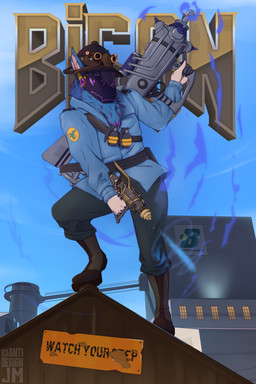 2fort anthro blue_body blue_fur cow_mangler_5000 explosives fur grenade machine male ranged_weapon raygun righteous_bison text weapon antidesignjm team_fortress_2 valve bison_the_protogen soldier_(team_fortress_2) protogen 2:3 hi_res