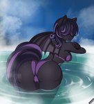 anthro big_butt bikini black_body breasts butt camel_toe clothing female hair hair_over_eyes legs_in_water looking_back partially_submerged rear_view solo submerged_legs swimwear tail tail_aside two-piece_swimsuit water lifejoyart hasbro my_little_pony bat_pony equid mammal hi_res