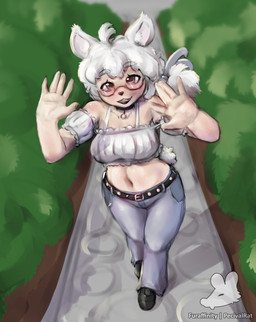 anthro belt biped black_belt black_clothing black_collar black_footwear black_lips black_shoes blue_bottomwear blue_clothing blue_jeans blue_pants bottomwear brown_eyes clothed clothing collar collar_tag denim denim_bottomwear denim_clothing eyebrow_through_hair eyebrows eyewear female footwear fully_clothed glasses hair humanoid_hands jeans lips long_hair looking_at_viewer midriff navel open_mouth outside pants plant scut_tail short_tail shrub solo tail topwear translucent translucent_hair wearing_glasses white_clothing white_hair white_topwear pecivalrat skies_(mellow_mercy) animal_humanoid bear humanoid mammal mammal_humanoid polar_bear_humanoid ursid_humanoid ursine ursine_humanoid 2025 absurd_res digital_media_(artwork) digital_painting_(artwork) hi_res painting_(artwork)