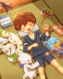 anthro blush bodily_fluids brown_hair clothing coat drooling food fruit group hair horn kerchief lab_coat long_ears lying male melon neckerchief necktie neckwear on_back plant saliva sleeping topwear watermelon white_body asaridaton bandai_namco digimon digimon_ghost_game hiro_amanokawa digimon_(species) espimon gammamon gekkomon human mammal terriermon terriermon_assistant hi_res