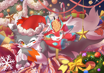 2_horns anthro big_eyes biped blue_body blue_fur christmas_clothing christmas_headwear clothing cute_fangs duo fangs fur green_eyes grey_body grey_fur hat headgear headwear holidays horn kemono male one_eye_closed red_body red_fur santa_hat slim_anthro slim_male teeth white_body white_fur yellow_eyes hlg7777 christmas mythology dragon furred_dragon furred_scalie mythological_creature mythological_scalie scalie 2019 hi_res