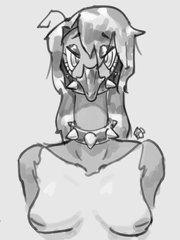anthro beak biped breasts choker collar eyeshadow female front_view hair inverted_nipples jewelry long_hair long_neck looking_at_viewer makeup monotone_background necklace nipples non-mammal_breasts non-mammal_nipples nude simple_background solo spiked_collar spikes mealhead trinity_(birbmabe) anatid anseriform anserine avian bird canada_goose goose 2024 3:4 absurd_res digital_drawing_(artwork) digital_media_(artwork) half-length_portrait hi_res monochrome portrait sketch