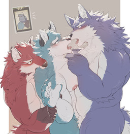 5_fingers anthro black_nose claws duo eyebrows fingers group group_sex humanoid_hands male muscular muscular_anthro muscular_male nipples nude nude_anthro nude_male sex student teacher teacher_and_student thick_eyebrows threesome white_eyebrows iwano.kal_(artist) iwano_kal knights_college argo_northrop bayfleet_grayoar diederich_olsen canid canine canis mammal wolf 2025 hi_res