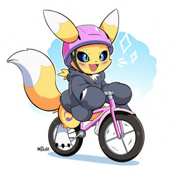 ambiguous_anthro ambiguous_gender anthro armor bicycle biped black_sclera blue_eyes bottomless bottomless_anthro clothed clothing cycling dipstick_tail fangs feet fur happy headgear helmet hoodie markings open_mouth open_smile outline smile solo tail tail_markings teeth topwear vehicle wearing_helmet yellow_body yellow_fur mr._death bandai_namco digimon nikki_(mr.death) digimon_(species) renamon colored digital_media_(artwork) hi_res shaded signature female_(lore)
