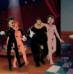 anthro balls barefoot beret black_balls black_body black_fur black_hair black_nose breasts brown_hair brown_nipples brown_nose casual_nudity clothing ear_piercing feet female flaccid foreskin fur genitals gloves group hair hand_holding handwear hat headgear headwear humanoid_feet humanoid_genitalia humanoid_hands humanoid_penis indoor_nudity long_hair male navel nipples nude open_mouth open_smile orange_hair overweight pale_skin pecs penis piercing pink_nipples pink_penis pink_tongue plantigrade pubes public public_nudity slightly_chubby smile social_nudity teeth tongue vulva walking asthexiancal ezalias third-party_edit disney goof_troop beret_girl max_goof pj_(goof_troop) roxanne_rover canid canine canis domestic_dog mammal 2017 color_edit colored dated hi_res