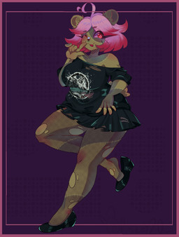 alternate_costume anthro black_bottomwear black_clothing black_footwear black_shirt black_shoes black_skirt black_topwear border bottomwear brown_body brown_fur clothed clothing costume dotted_background female fishnet_clothing fishnet_legwear footwear fur green_body green_fur hair halloween_costume heelpop holidays legwear loose_footwear occult_symbol off_shoulder one_eye_closed pattern_background pentagram pink_hair purple_background red_border red_eyes shirt shoe_dangle shoes simple_background skirt slightly_chubby smile solo stitch_(sewing) symbol text tongue tongue_out topwear torn_clothing torn_fishnet_clothing wedge_(footwear) wink pinkey2.0 halloween julie_jamberry bear mammal undead zombie 2024 absurd_res english_text hi_res