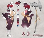 5_fingers anthro big_breasts biped blue_eyes breasts claws color_swatch countershade_face countershade_torso countershading digitigrade female fingers hair hi_res lagomorph luckypan mammal model_sheet open_mouth pawpads paws ransom_(sixdragons) smile solo standing tail tongue tongue_out weapon