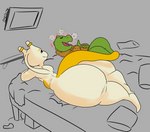 anthro big_butt butt duo hand_on_belly lying male on_back on_front simple_background bellyboi13 peachymewtwo nintendo pokemon belly_lentel peach_(peachymewtwo) generation_1_pokemon kobold legendary_pokemon lizard mewtwo pokemon_(species) reptile scalie absurd_res hi_res