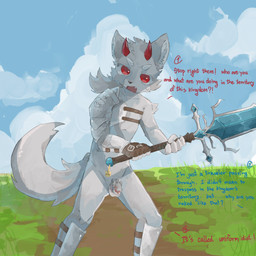 2_horns 5_fingers anthro arm_tuft armor balls black_nose bodily_fluids chastity_cage chastity_device claws clothing cloud dialogue dirt_road eyebrows facial_tuft fangs finger_claws fingerless_gloves fingers fluffy fluffy_tail genitals gloves grass hair handwear holding_melee_weapon holding_object holding_sword holding_weapon horn inner_ear_fluff kemono male male_anthro melee_weapon metal_chastity_cage mostly_nude open_mouth outside plant ponytail red_horn shinguards shoulder_tuft sky solo standing stylized_chastity_cage sweat sweatdrop sword tail teeth text tuft weapon white_balls white_eyebrows white_inner_ear white_inner_ear_fluff young young_anthro young_male regcron lyent_(regcron) canid canine canis mammal wolf 1:1 2025 english_text hi_res