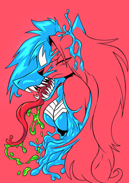 anthro duo female hair long_hair long_tongue looking_at_viewer simple_background slime tongue chochi kato777 hellaverse helluva_boss marvel mythology loona_(helluva_boss) she-venom venom_(marvel) canid canid_demon canine demon hellhound mammal mythological_canine mythological_creature symbiote absurd_res crossover hi_res