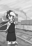 anthro clothed clothing ear_piercing eyebrow_piercing facial_piercing female gauged_ear graffiti hair piercing school_uniform solo tail text uniform observerdoz stigmata_(observerdoz) hyena mammal 2024 absurd_res hi_res monochrome russian_text