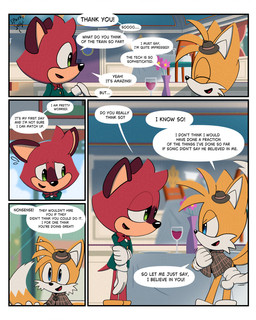 ambiguous_gender anthro clothing costume dialogue dining_room dining_table duo hat headgear headwear inside_train male speech_bubble text vase awkward2eleven sega sonic_the_hedgehog_(series) the_murder_of_sonic_the_hedgehog barry_(sonic) miles_prower canid canine fox macropod mammal marsupial quokka absurd_res comic english_text hi_res