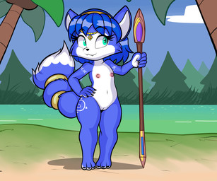 aged_down anthro blue_body female flat_chested genitals melee_weapon nipples outside plant polearm smile solo spear standing tail tree vulva water weapon young young_anthro young_female significantother nintendo star_fox krystal_(star_fox) canid canine fox mammal 2026 absurd_res hi_res