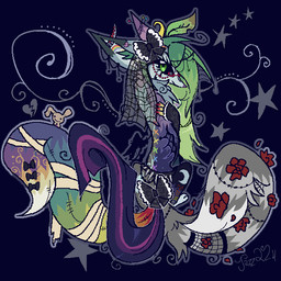 abstract_background accessory alternative_fashion ambiguous_feral ambiguous_gender bandage bandaged_tail black_bow black_sclera blue_background bodily_fluids bride claws clothing dipstick_tail ear_accessory feral fishnet_clothing flower fur goth green_body green_eyes green_fur green_hair green_tail grey_tail hair hair_accessory heartbreak holidays leaf markings mouth_closed multicolored_tail pink_nose plant purple_body purple_fur purple_tail rainbow_tail rear_view red_claws red_flower simple_background sitting solo sparklefur stitch_(sewing) tail tail_markings tears white_body white_fur white_tail_tip x_marking chatoyancy halloween canid canine mammal 1:1 2024 aliasing digital_drawing_(artwork) digital_media_(artwork)