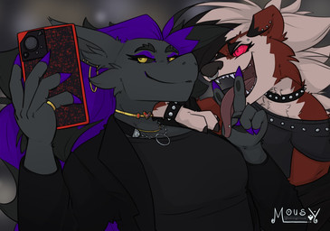 alternative_fashion anthro anthro_on_anthro duo electronics facial_piercing female fingers_on_tongue furgonomic_piercing furgonomics goth inner_ear_fluff jewelry necklace nose_piercing nose_ring phone piercing ring ring_piercing selfie septum_piercing septum_ring text tuft astrangemouse nintendo pokemon generation_5_pokemon generation_7_pokemon lycanroc midnight_lycanroc pokemon_(species) shiny_pokemon zoroark artist_name hi_res