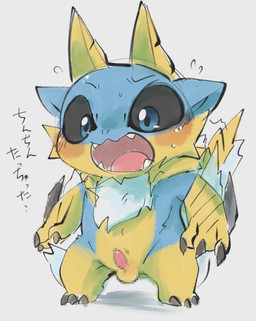 anthro balls black_sclera blue_body blue_scales blush bodily_fluids censored_genitalia censored_penis chibi claws erection fangs fur genitals horn male neck_tuft open_mouth penis scales simple_background small_penis solo standing sweat teeth text tuft white_body white_fur yellow_body yellow_scales doneru capcom monster_hunter fanged_wyvern monster zinogre censored full-length_portrait japanese_text mosaic_censorship portrait sketch