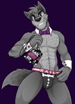 5_fingers abs anthro athletic athletic_anthro athletic_male black_nose bow_tie brown_eyes clothed clothing clothing_pull countershading cuff_links fingers fur grey_body grey_fur grin holding_object jockstrap jockstrap_only jockstrap_pull lanyard looking_at_viewer male naughty_face seductive shirt_cuffs smile solo standing text text_on_jockstrap topless tuxedo_underwear underwear underwear_only underwear_pull jackaloo huffaromas cooper_estevez canid canine canis mammal wolf 2022 english_text hi_res