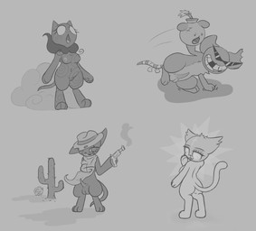 anatomically_correct anatomically_correct_genitalia animal_genitalia animal_penis anthro balls breasts cactus casual_nudity dust feline_genitalia feline_penis female genitals glowing glowing_eyes grass group gun handgun looking_at_viewer male nipples open_mouth penis plant ranged_weapon rear_view revolver shadow smile smoke solo standing tongue tumbleweed vulva weapon shatterstone mewgenics lucy_(mewgenics) marshmallow_(mewgenics) radical_rat_(mewgenics) rat_bomb_(mewgenics) zodiac_(mewgenics) felid feline mammal murid murine rat rodent greyscale hi_res monochrome sketch_page