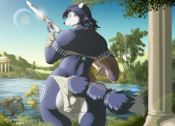 5_fingers anthro barely_visible_breasts blue_arms blue_body blue_butt blue_ears blue_fingers blue_fur blue_hair blue_hands blue_tail bottomwear breasts butt claws clothed clothing female finger_claws fingers fur hair hip_markings holding_melee_weapon holding_object holding_sword holding_weapon leg_markings loincloth looking_at_viewer looking_back looking_back_at_viewer markings melee_weapon multicolored_body multicolored_butt multicolored_fur rear_view sky solo sword tail two_tone_body two_tone_fur two_tone_tail water weapon white_butt white_tail xxsparcoxx nintendo star_fox krystal_(star_fox) canid canine fox mammal 2020 absurd_res hi_res signature