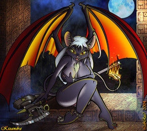 anthro axe breasts chest_tuft female fire fur genitals glowing glowing_eyes hair heart_symbol melee_weapon membrane_(anatomy) membranous_wings moon nude solo spikes tail tuft vulva weapon white_hair wings yellow_eyes labrat7 kizandra bat demon mammal
