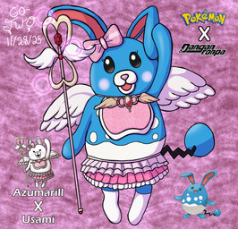 anthro bib blue_body blush bottomwear bow_ribbon clothing feathered_wings feathers female holding_ear jewelry magic_staff magical_girl_outfit necklace skirt solo tail text wings go-two danganronpa danganronpa_2 nintendo pokemon spike_chunsoft monomi azumarill generation_2_pokemon lagomorph leporid mammal pokemon_(species) rabbit absurd_res english_text hi_res reference_image