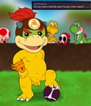 after_masturbation anthro balls flaccid football_field foreskin genitals group male nipples nude penis shell-less shota solo_focus text young young_anthro young_male tribalturtle mario_bros nintendo bowser_jr. green_yoshi koopa koopa_troopa scalie shyguy toad_(mario) yoshi absurd_res english_text hi_res