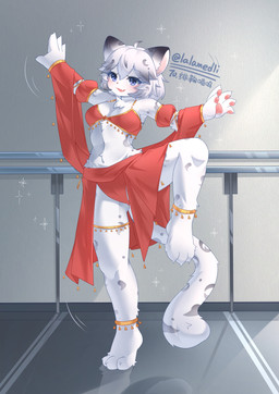 anthro biped blue_eyes breasts clothing dancing female female_anthro hair red_clothing shy solo white_body white_hair lalamedli felid mammal pantherine snow_leopard absurd_res hi_res