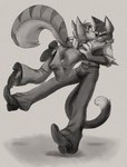 anthro clothing duo falling_back fangs gentleman giggle happy hug imminent_kiss love male male/male nuzzling pounce smile suit tail teeth novaarts lackadaisy mordecai_heller rocky_rickaby felid feline mammal absurd_res hi_res