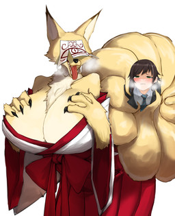 accessory anthro big_breasts black_claws black_finger_claws black_nose breasts breath brown_hair claws clothed clothed_anthro clothed_female clothed_human clothing dipstick_ears dominant dominant_anthro dominant_female duo ear_markings female female/female female_anthro female_human finger_claws fingers front_view fur hair huge_breasts human_on_anthro interspecies larger_anthro light_body light_skin multi_tail multicolored_ears neck_tuft necktie obscured_eyes red_tongue simple_background size_difference smaller_human tail teeth tongue tongue_out tuft white_background yellow_body yellow_fur yellow_tail dokukasa canid canine fox fox_spirit human mammal 2024 absurd_res digital_media_(artwork) hi_res