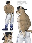 abs anthro barazoku blue_eyes bottomwear butt clothed clothing countershading footwear fur hat headgear headwear male mascot muscular muscular_anthro muscular_male nipples pants pecs shirtless shoes smile sneakers solo sportswear topless rofu_kagazaki mexican_pacific_league yaco_puma_striptease yaquis_de_obregon yaco_puma cougar felid feline mammal 2022 absurd_res hi_res