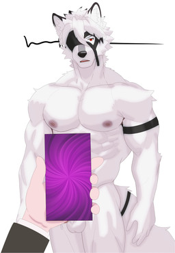 abs anthro balls duo front_view fur genitals hair hypnotic_screen male mind_control muscular muscular_male nipples penis red_eyes simple_background solo_focus white_body white_fur white_hair mopi_mopa mihoyo zenless_zone_zero von_lycaon canid canine humanoid mammal absurd_res hi_res