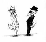 clothing duo hand_in_pocket hat headgear headwear necktie pockets simple_background smile stare suit anntxiudood spy_vs_spy black_spy white_spy avian bird hi_res monochrome traditional_media_(artwork)