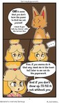 anthro clothed clothing dialogue duo female halftone halftone_background male partially_clothed pattern_background simple_background text starabbit animal_crossing nintendo crazy_redd isabelle_(animal_crossing) canid canine canis domestic_dog fox mammal 4:7 absurd_res comic english_text hi_res