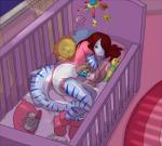 ageplay anthro baby_mobile booties brown_hair clothed clothing crib diaper duo female hair infantilism inside night pacifier pillow plushie red_hair roleplay sleeping wearing_diaper babystar fish marine shark