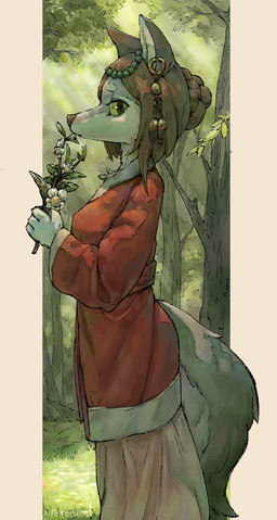anthro asian_clothing beaded_jewelry beads biped breasts clothed clothed_anthro clothed_female clothing detailed_background ear_piercing ear_ring east_asian_clothing female female_anthro flower forest forest_background fur grass hair hair_bun holding_flower holding_object japanese_clothing jewelry kimono nature obi outside piercing plant ring_piercing side_view solo standing tail tree yellow_sclera peppergecko72 canid canine canis mammal wolf 2024 absurd_res digital_media_(artwork) hi_res japanese_description signature