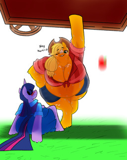 anthro apple belly big_belly big_breasts blush bodily_fluids bottomwear breasts cart cleavage clothed clothing duo female food freckles fruit horn plant skirt strength sweat quillyblott friendship_is_magic hasbro my_little_pony mythology applejack_(mlp) twilight_sparkle_(mlp) earth_pony equid equine horse mammal mythological_creature mythological_equine pony unicorn hi_res