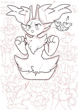 3_fingers >_< ^_^ ambiguous_anthro ambiguous_gender anthro arm_tuft biped blush blush_lines bodily_fluids breasts cheek_tuft chest_tuft claws closed_smile dipstick_tail eyes_closed facial_tuft featureless_breasts featureless_crotch female female_anthro finger_claws fingers flat_chested fluffy fluffy_tail flying_sweatdrops front_view fur happy hip_tuft inner_ear_fluff kneeling knock-kneed markings mouth_closed nude nude_ambiguous nude_anthro nude_female object_in_tail open_mouth open_smile paw_pose pose shoulder_tuft simple_background simple_eyes small_breasts smile snout solo standing stick stick_in_tail sweat sweatdrop tail tail_markings tapering_snout text tuft white_background yakiniku628 nintendo pokemon braixen canid generation_6_pokemon mammal pokemon_(species) 2023 digital_drawing_(artwork) digital_media_(artwork) full-length_portrait headshot_portrait hi_res japanese_text monochrome partially_translated portrait sketch sketch_page three-quarter_portrait translation_request